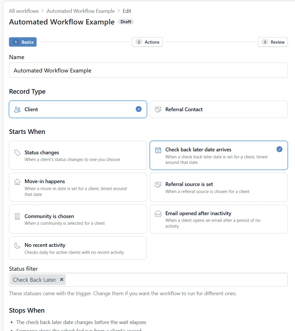 Senior Place Premium automated workflow builder